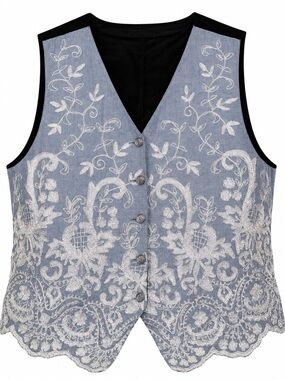 Ashley Hill vintage Blue Embroidered Button-Front Vest with Black Trim